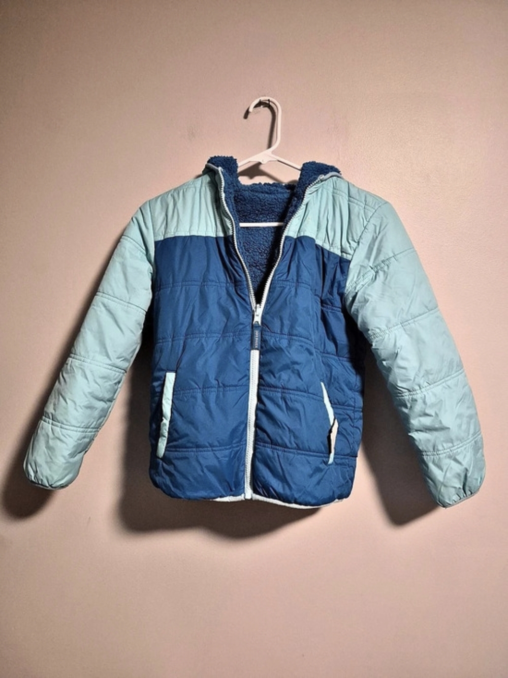 Eddie Bauer Kids 10/12 Blue Reversible Sherpa Puffer Jacket Hooded Zip Up